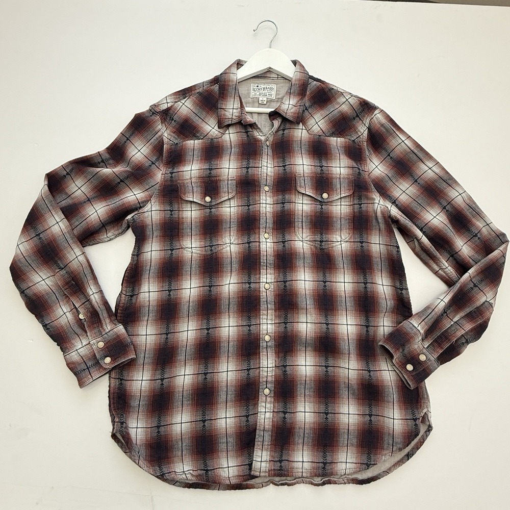 Lucky Brand Mens Plaid Western Pearl Snap Shirt Long Sleeve Size L Cowboy Rodeo